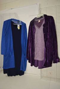 lot 279 image: Womens Clothes  Size 2X - Purple Velvet Jacket with Top and Blue Cardigan with Tags and Long Blue Skirt