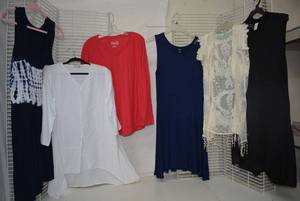 lot 282 image: Womens Clothes  Size 2X - Red, White and Blue Tops and Dresses   Cardigans as shown