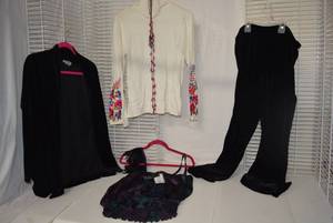 lot 204 image: Womens Clothes Size Small Velvet Pants, Velvet Jacket, Silky Top can be worn 3 ways and White Sweater with Embroidered Sleeves