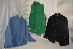 lot 205 image: Womens Clothes Size Small Hoodie, Michael Kors Puffy Vest with matching Top, and Calvin Klein 2-piece Fleece Jacket