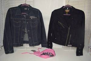 lot 206 image: Womens Clothes Size Medium Harley Davidson Jackets and Sturgis Biker Hat