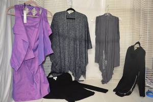 lot 211 image: Womens Clothes Purple Iridescent Dress, Blue Glittery Sweater Cardigan, Medium Tops