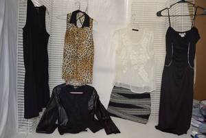 lot 212 image: Womens Clothes Size M DKNY Jacket, Sheer Tops, Knitted Skirt, Formal Dress with Gathered Front, Black Market Sleeveless Dress
