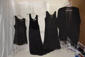 lot 214 image: Womens Clothes Size M Cardigan, Black Sleeveless Dresses, and Black Market Top with Gold Polka Dots