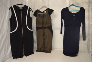 lot 215 image: Womens Clothes Blue Long Sleeve Dress by David Meister Size 12, eci Olive Green Dress, and Black and White Line Dress by Calvin Klein Size 12