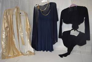 lot 216 image: Womens Clothes Gold Sweater Cardigan by Ashley Stewart, Navy Blue 2-piece Dress with Gold Chain, and Black Cardigans