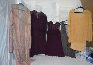 lot 221 image: Womens Clothes  Size L - Long Metallic Cardigan, Maroon Colored Dresses and Fantastic Beasts Dress and Yellow Sweater
