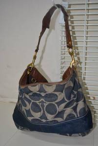 lot 5 image: Coach Purse Blue Patchwork Design with Leather Strap