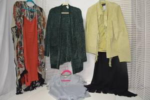 lot 305 image: Womens Clothes size XL - Tops, Suede Jacket, Black Skirt, Green Cardigan