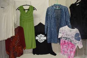 lot 307 image: Womens Clothes size M - Tops, Harley Davidson Jacket and Blue leather Jacket