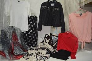 lot 322 image: Womens Clothes Sweaters, The Style Between Us Jean Jacket size XL, Skulls Skirt Size XL