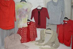 lot 329 image: Womens Clothes size M mostly Red Tops and Sweaters