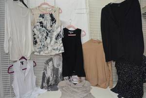lot 330 image: Womens Clothes size M mostly neutral colors, Calvin Klein partial suede Top, and Sweaters
