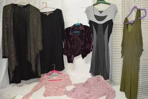 lot 332 image: Womens Clothes Pink Lacy Tops, Metallic Cardigan, Purple Velvet Jacket size 8 and More