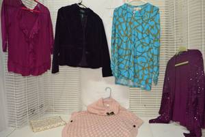 lot 334 image: Womens Clothes size S Purple Sequin Cardigan , Calvin Klein Pink Poncho Sweater, Michael Kors Blue and Gold chain Blouse