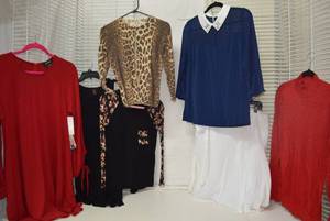 lot 336 image: Womens Clothes size M Karen Kane Red Dress with Tags, Red sweater, Blue Blouse with Beaded Collar
