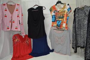 lot 337 image: Womens Clothes Pink with Cherries Sweater still with tags, Calvin Klein Blouse, Skirt, and sweaters
