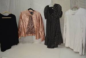lot 339 image: Womens Clothes Chicos Top, Esley Dress size M, Rampage Metallic Leather Jacket