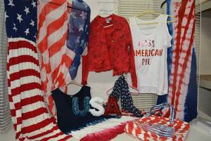 lot 344 image: Red, White and Blue Patriotic Lot Dresses, Scarfs, Miss American Pie T-shirt and Red Denim Jacket by H&J size M