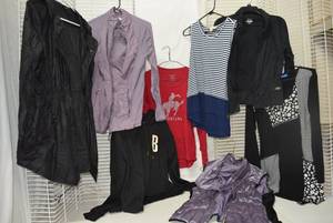 lot 352 image: Womens Clothes Bebe Sport Jacket, Purple Puffy Jacket, Montana T-shirt and More