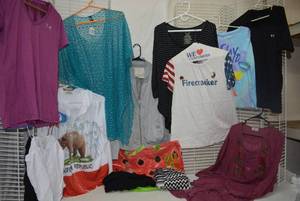 lot 353 image: Womens Clothes - different sizes Tops, Cardigans, Firecracker T-shirt, Pink Floyd T-shirt, Grey Angel Kiss Jacket size L,