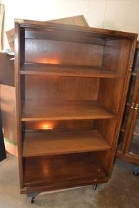 lot 104 image: Back Lighted Wooden Bookshelves (some new light bulbs needed)