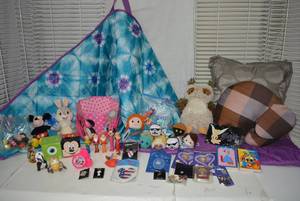 lot 175 image: Disney Lot and More Disney Toys, Pins, Pez, PicnicBeach Blanket, Pillows and Plush Owl