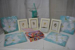 lot 172 image: Flower Dcor Lot Canvas Flower Wall Art, Framed Dried Flowers, Storage Boxes and Small Pillow