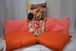 lot 170 image: Orange Pillow Lot with Marilyn Pillow and Large Extra Pillow Sham
