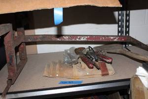 lot 37 image: 1in plex clamp crimp, homemade Lift bar, safety glasses and Tool Bag