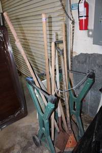 lot 42 image: Yard Tools, Shovels and Fork Plus Rolling Cart