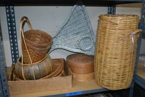 lot 82 image: Wicker Basket Lot Chips-n-Dip Tray, Trays and Wastebaskets Plus Coconut Basket and Bamboo Steamer