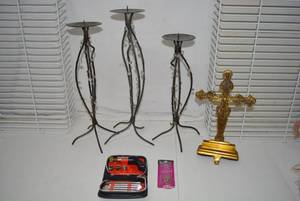 lot 130 image: Set of 3 Beaded Wire Candle Holders, Cross Mantle and Tool Set