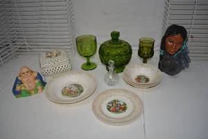 lot 123 image: Green Lidded Compote Dish, Glass Lace Dish, Budda Figurine and More