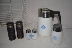 lot 121 image: Vintage Blue Cornflower Set - Coffee MakerSugar Dispenser and S&P Shakers, Plus Blue Glass and Silver Shakers
