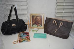 lot 119 image: Leather Crossbody Purse, Michael Kors Purse, Nine West Purse, Jesus Picture and More