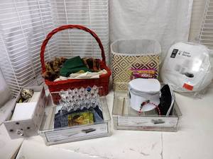 lot 460 image: Misc. Lot China Storage Containers, Essential Oils Caddy, Storage Drawers, Holiday Napkins