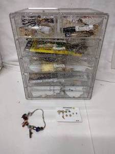 lot 464 image: Craft Bin with Earrings, Super Glue, Stickers, Feathers and More