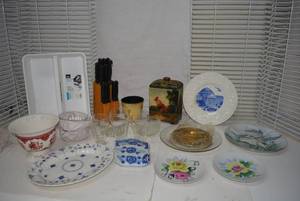 lot 162 image: Misc. Kitchen Lot Knife Block, Plates, Coke Glasses