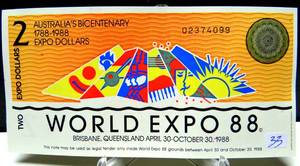 lot 33 image: UNCIRCULATED - AUSTRALIAN WORLD EXPO (1988) 2 DOLLAR NOTE Banknote Currency Ephemera Note $$