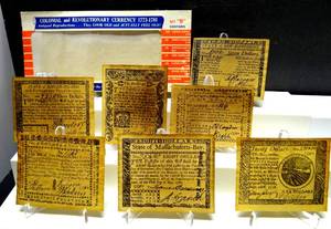 lot 58 image: RARE 1970s Antiqued parchment -- COLONIAL & REVOLUTION CURRENCY 1773-1781 set B $$