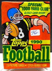 lot 96 image: 1990 Topps NFL Football Wax Pack 15 Picture Cards 1 Stick Bubble Gum Gem Montana