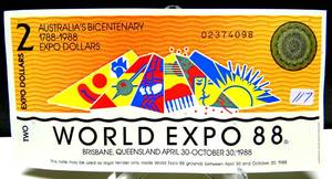lot 117 image: UNCIRCULATED - Australia Bicentenary 1988 2 Expo Dollars World Expo $2