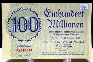 lot 164 image: VINTAGE Germany FREITAL 100 Millionen Mark 1923 $$