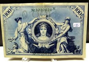 lot 176 image: RARE 1908 GERMANY (GERMAN EMPIRE) 100 MARK REICHSBANKNOTE  $$
