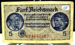 lot 228 image: VINTAGE Germany Pick - Occupied Territory 5 Funf Reichsmark 1940 - 1945 Paper Money