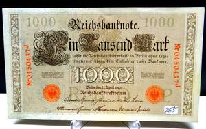 lot 255 image: VINTAGE GERMANY - 1000 MARK NOTE - 21.APRIL.1910 - REICHSBANKNOTE $$