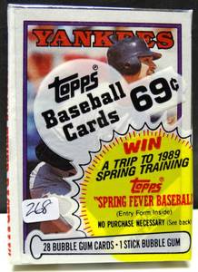 lot 268 image: 1988 Topps Baseball Cello Pack w 28 Cards - DON MATTINGLY ON TOP - MCGUIRE RC
