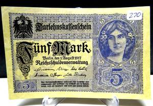 lot 270 image: RARE 1917 Rare Ancient Germany 5 Mark Bank Note $$$
