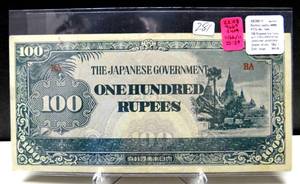 lot 281 image: BURMA 100 RUPEES 1944 JAPAN INVASION WWII MYANMAR M384# CURRENCY BANKNOTE MONEY